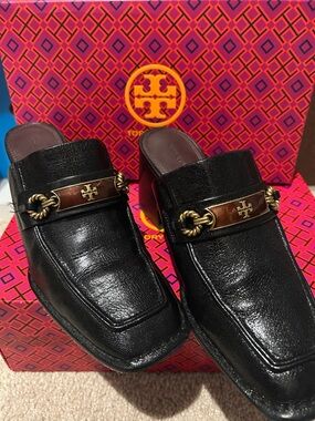 Tory Burch Black Leather Slip-On Mules with Gold-Tone Logo Accent